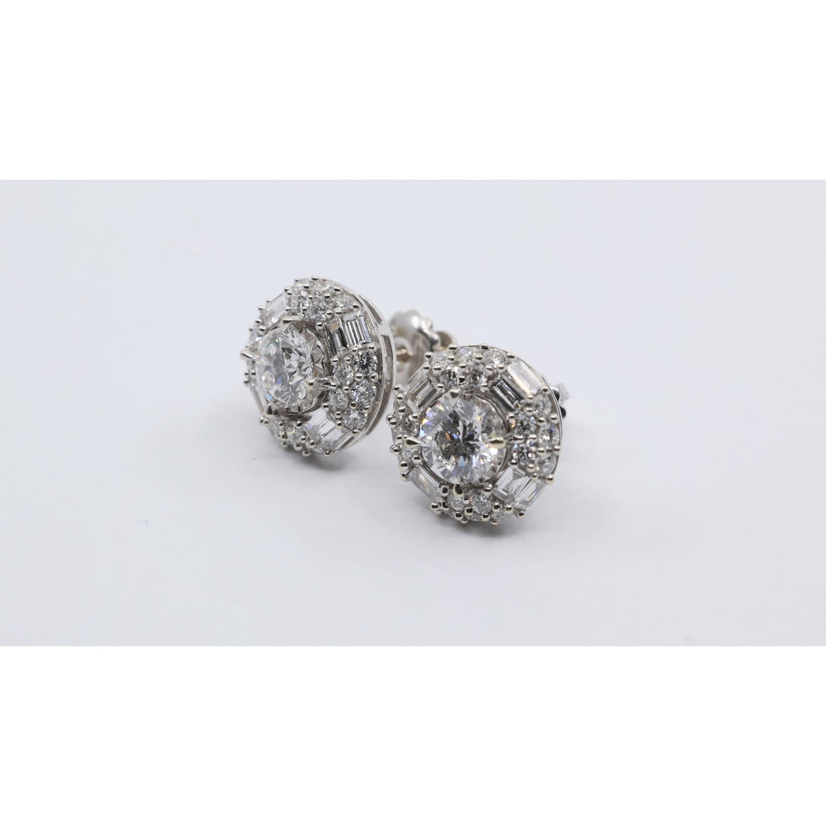 14K White Gold 2.40ctw Lab Grown Round Baguette Diamond Cluster Stud Earrings