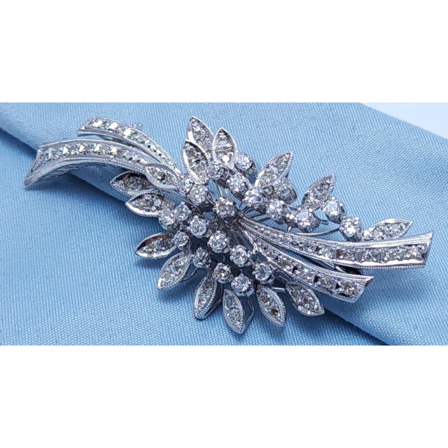 Vintage 10K White Gold Flowers Leaf Old Cut Diamond Brooch Pin