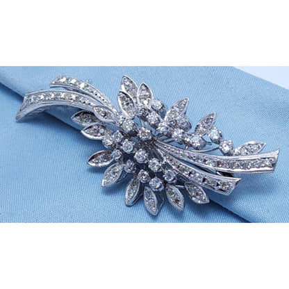 Vintage 10K White Gold Flowers Leaf Old Cut Diamond Brooch Pin