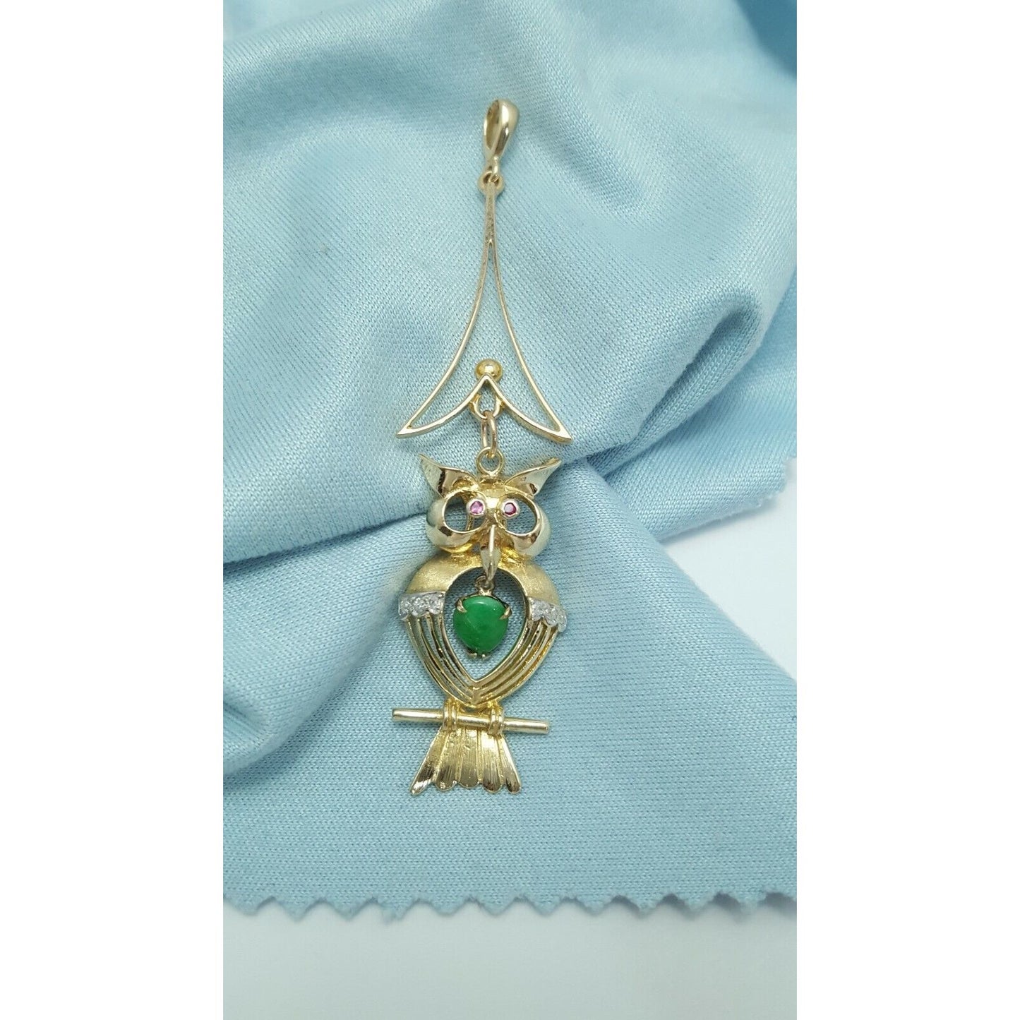 Vintage 14K Yellow Gold Owl Jade, Ruby & Diamond Dangle Charm Pendant