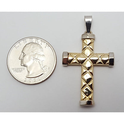 14K Solid Two Tone  Gold Puffy Cross Charm Pendant