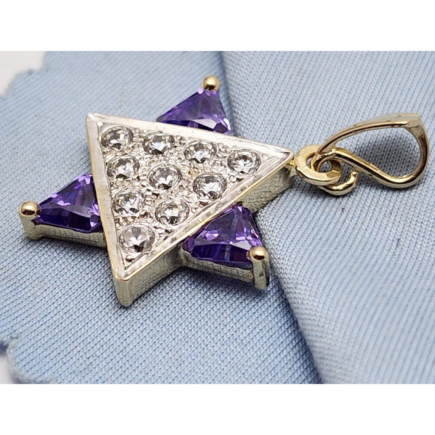 14K Two Tone Gold Star of David CZ & Amethyst Charm Pendant