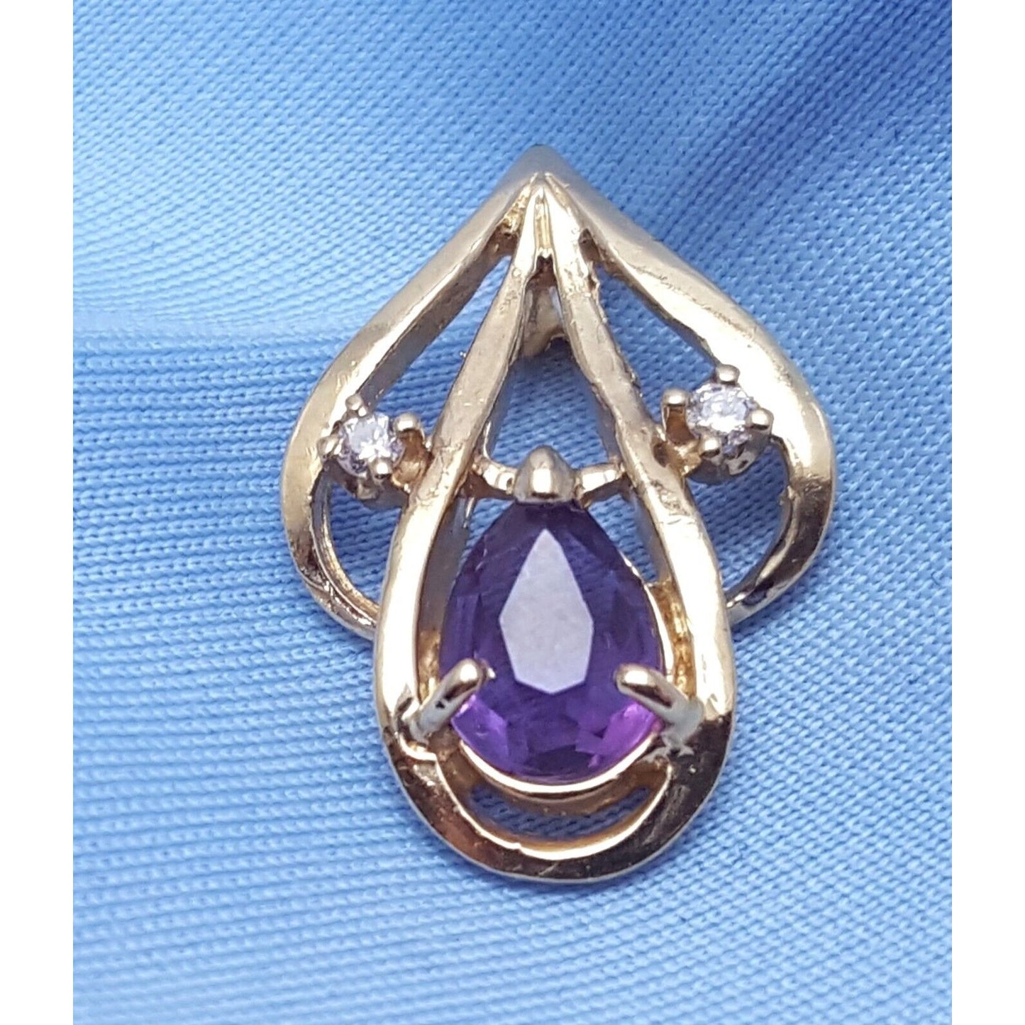 14K Solid Yellow Gold Amethyst & Diamond Drop Charm Pendant