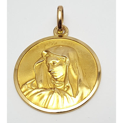 18K Solid Yellow Gold Religious Saint Mary Round Charm Pendant