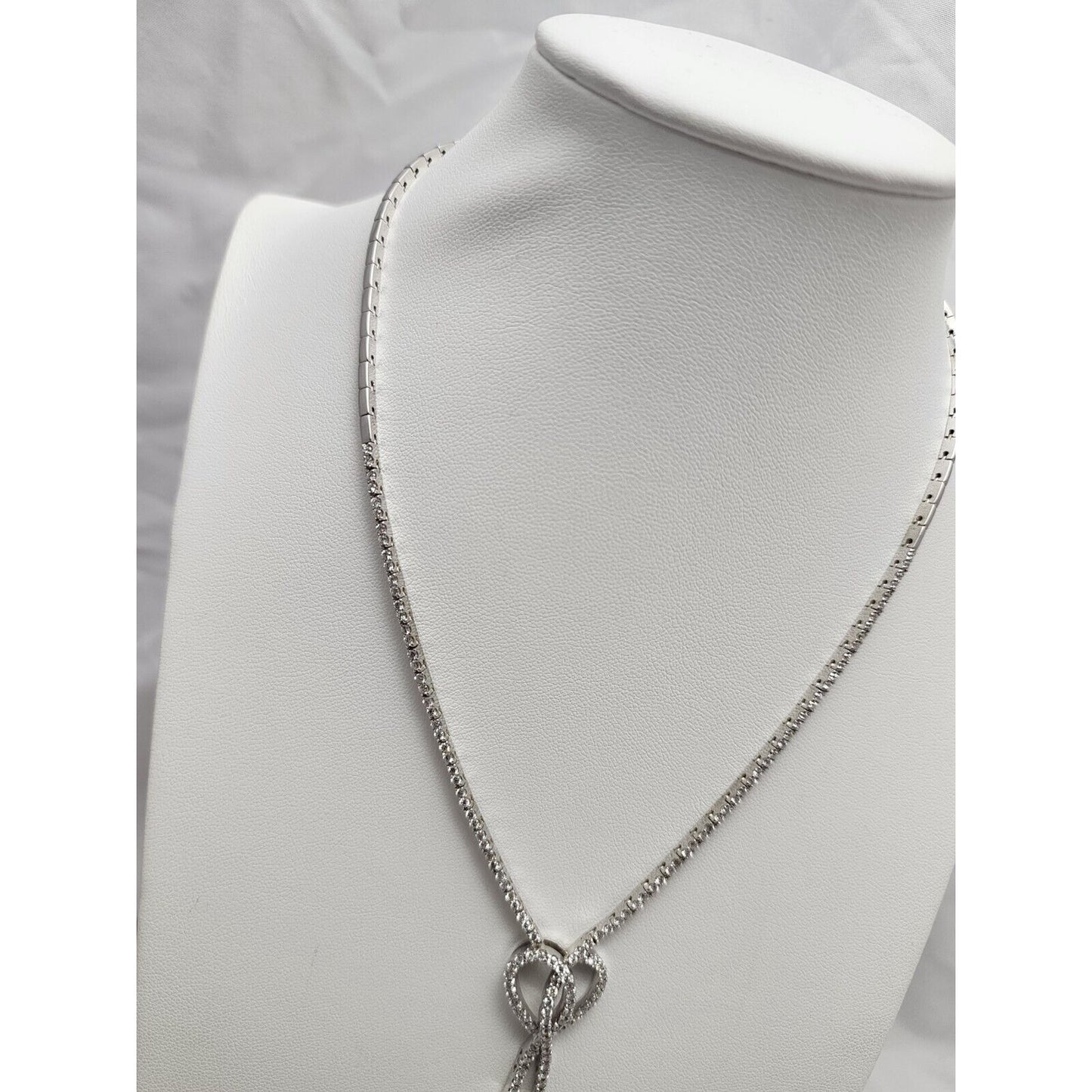 14K White Gold Diamond Double Heart Dangle Link Chain Necklace