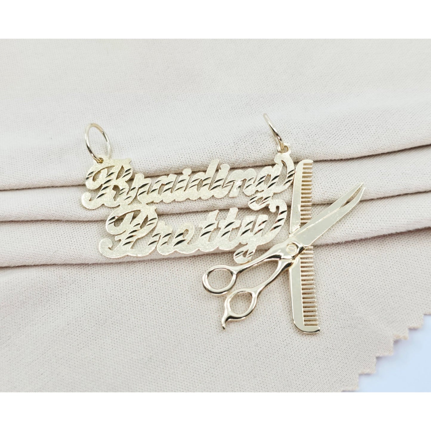 14K Yellow Gold Initial "Braiding Pretty" Cosmetology Hair Stylist Charm Pendant