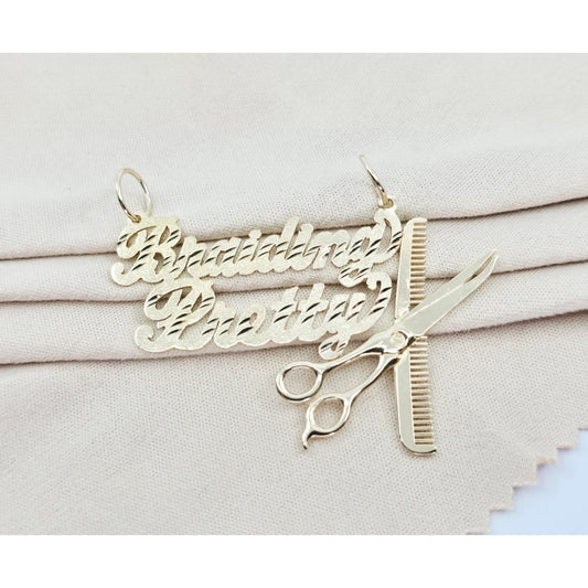 14K Yellow Gold Initial "Braiding Pretty" Cosmetology Hair Stylist Charm Pendant