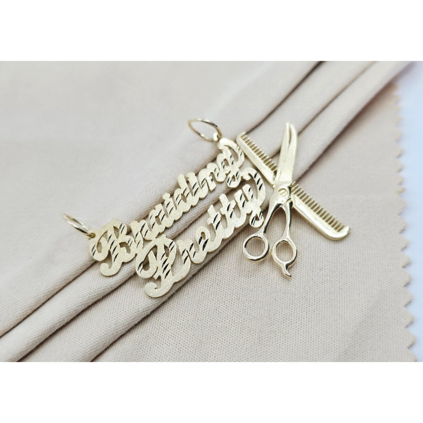 14K Yellow Gold Initial "Braiding Pretty" Cosmetology Hair Stylist Charm Pendant
