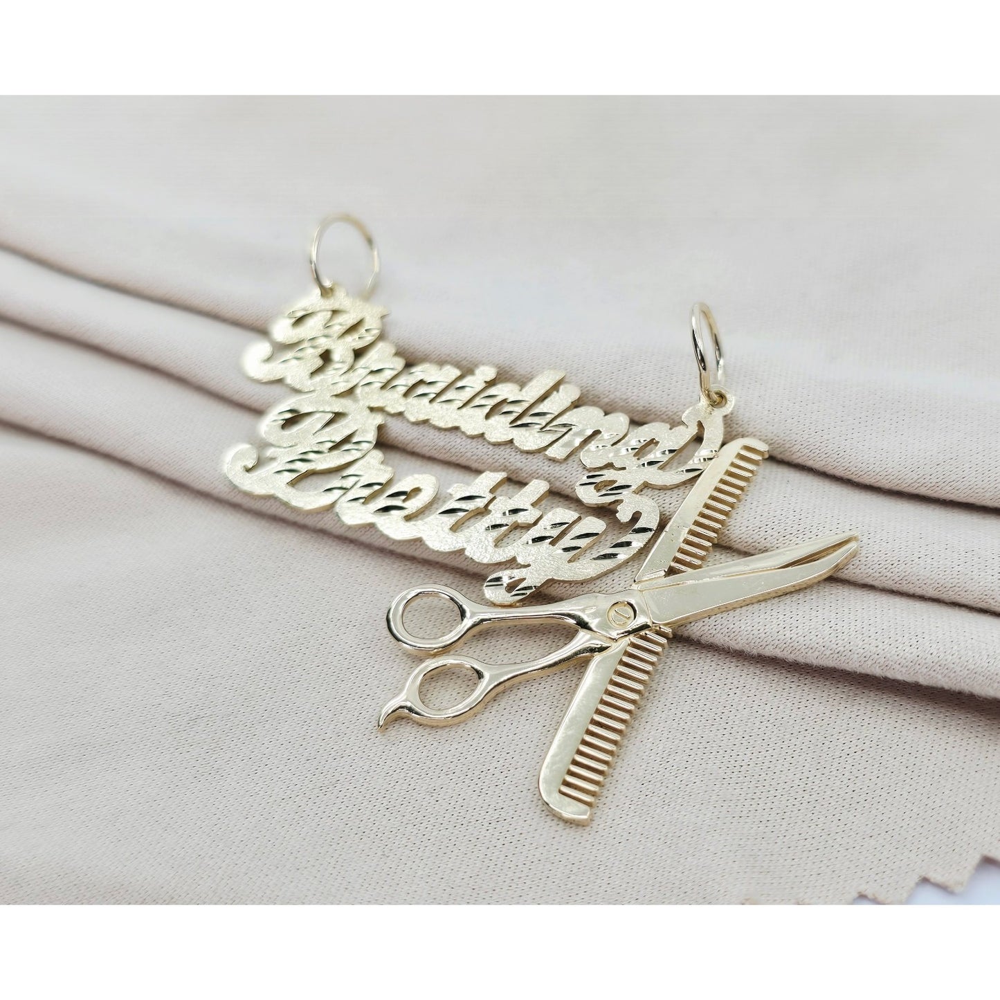 14K Yellow Gold Initial "Braiding Pretty" Cosmetology Hair Stylist Charm Pendant