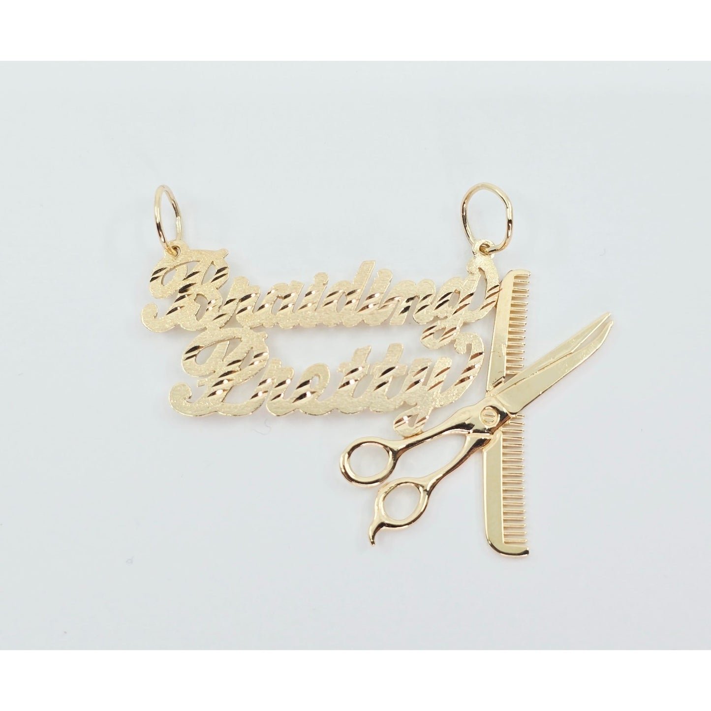 14K Yellow Gold Initial "Braiding Pretty" Cosmetology Hair Stylist Charm Pendant