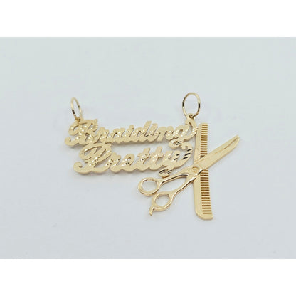 14K Yellow Gold Initial "Braiding Pretty" Cosmetology Hair Stylist Charm Pendant