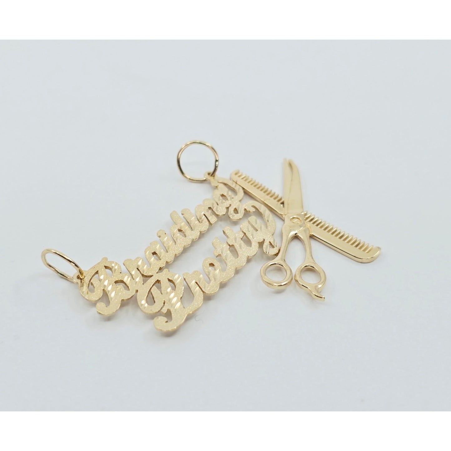 14K Yellow Gold Initial "Braiding Pretty" Cosmetology Hair Stylist Charm Pendant