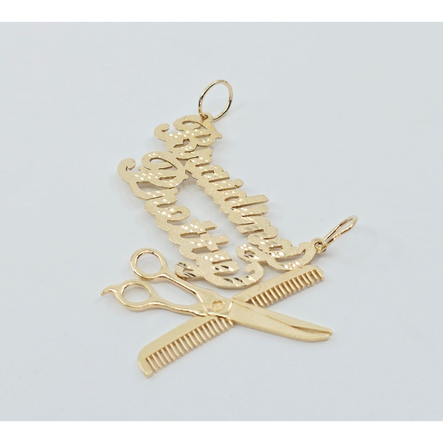14K Yellow Gold Initial "Braiding Pretty" Cosmetology Hair Stylist Charm Pendant