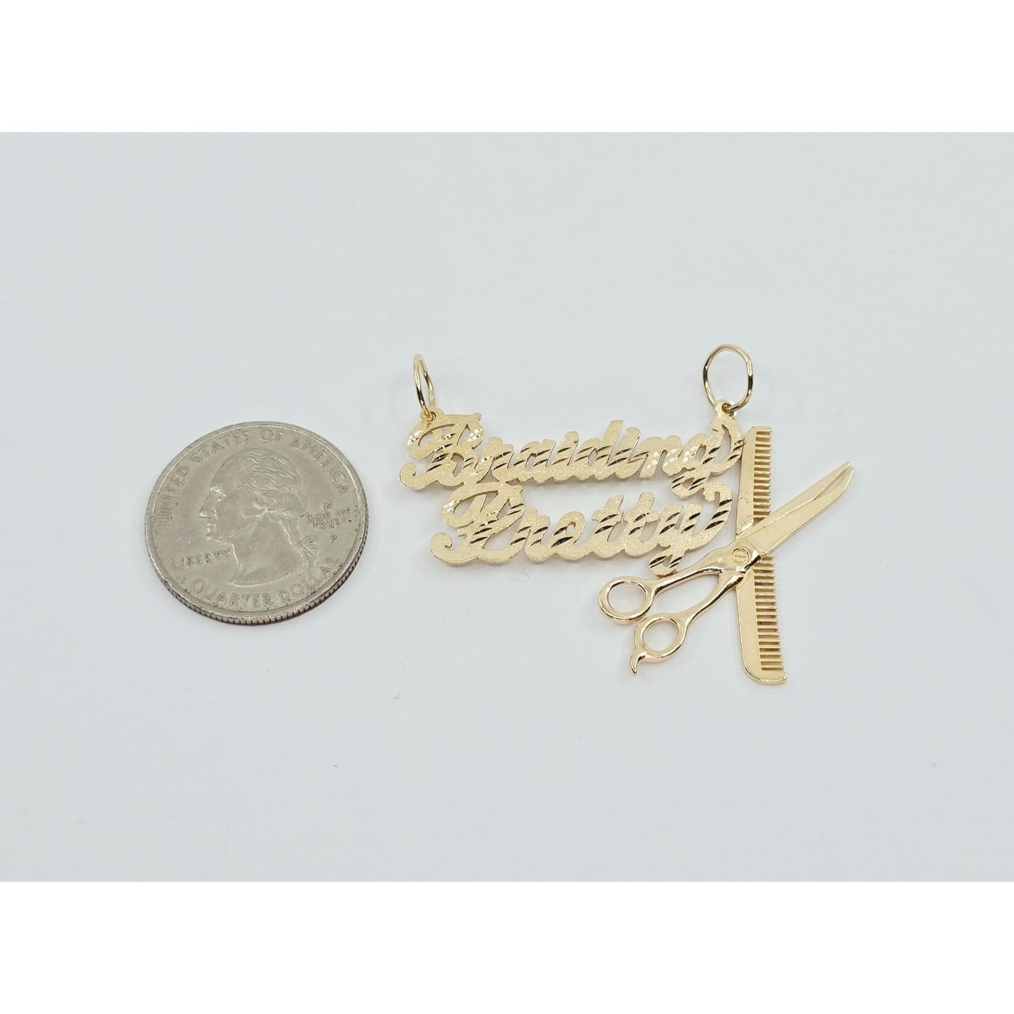 14K Yellow Gold Initial "Braiding Pretty" Cosmetology Hair Stylist Charm Pendant