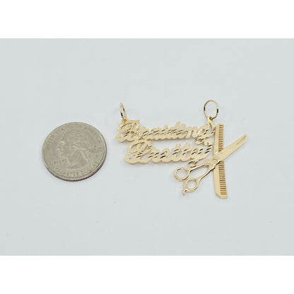 14K Yellow Gold Initial "Braiding Pretty" Cosmetology Hair Stylist Charm Pendant