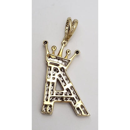 10K Solid Two Tone Gold Diamond Initial " A " Crown Charm Pendant