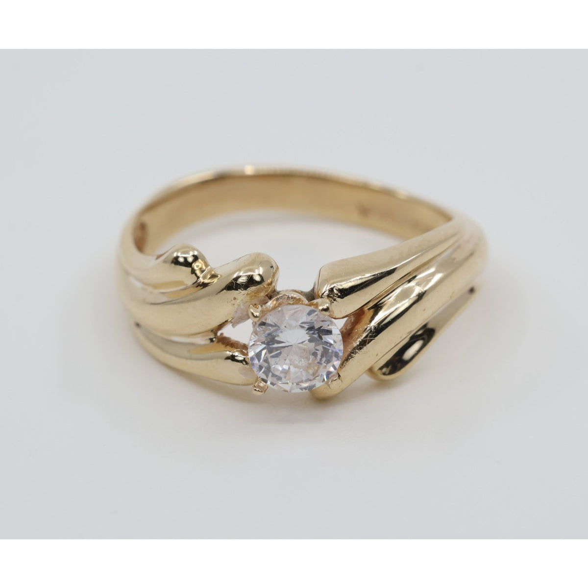 14K Yellow Gold Round Cut CZ Swirling Bypass Ring