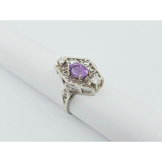 14K White Gold Amethyst & Diamond Ring