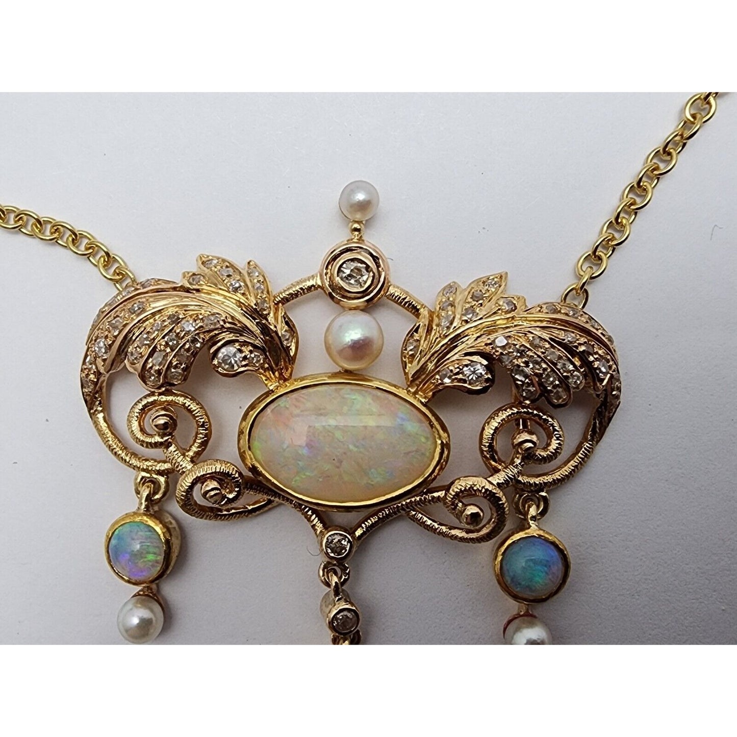 Vintage 18K Yellow Gold Opal, Pearl & Diamond Choker Link Chain Necklace