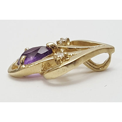 14K Solid Yellow Gold Amethyst & Diamond Drop Charm Pendant