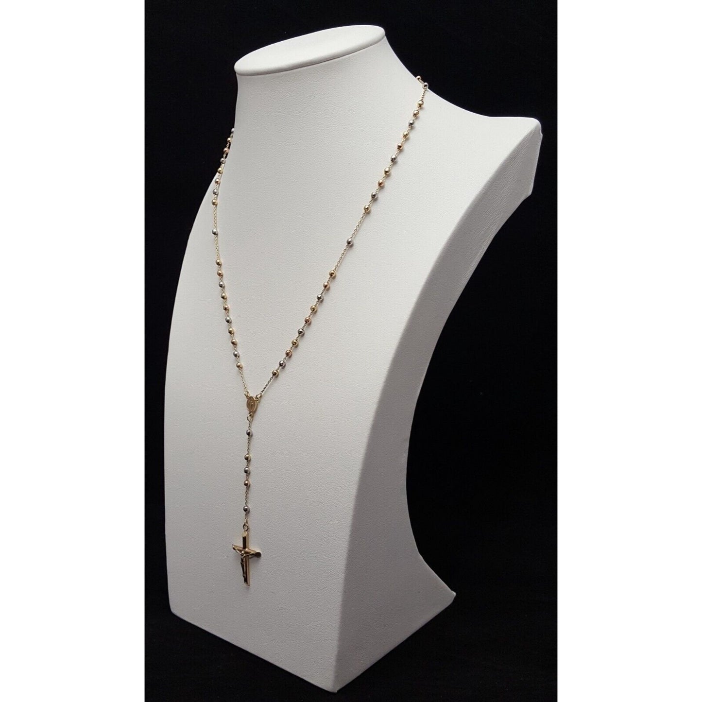 14K Tri Tone Gold Religious Rosary Cross Link Chain Necklace