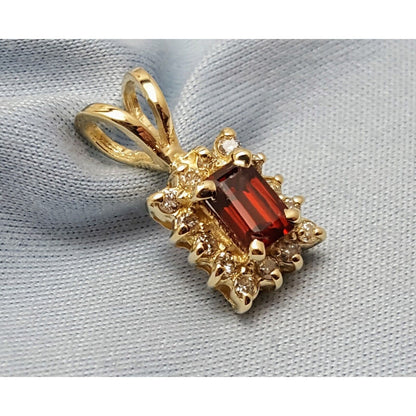 14K Solid Yellow Gold Square Garnet & Diamond Charm Pendant