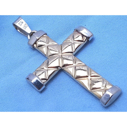 14K Solid Two Tone  Gold Puffy Cross Charm Pendant