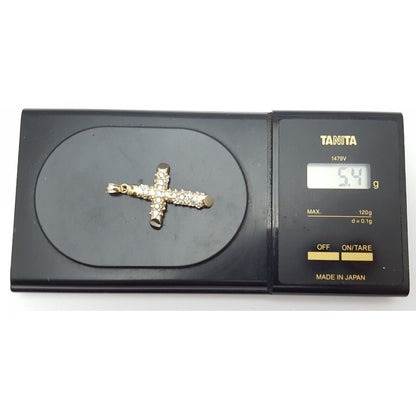 14K Solid Yellow Gold Religious Cubic Zirconia Cross Charm Pendant