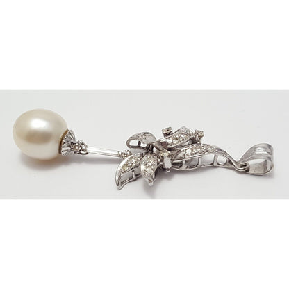 14K Solid White Gold Pearl & Diamond Drop Dangle Charm Pendant