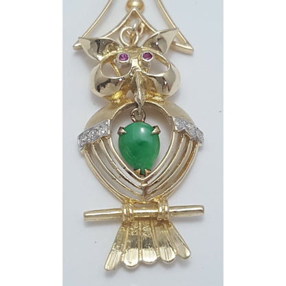 Vintage 14K Yellow Gold Owl Jade, Ruby & Diamond Dangle Charm Pendant