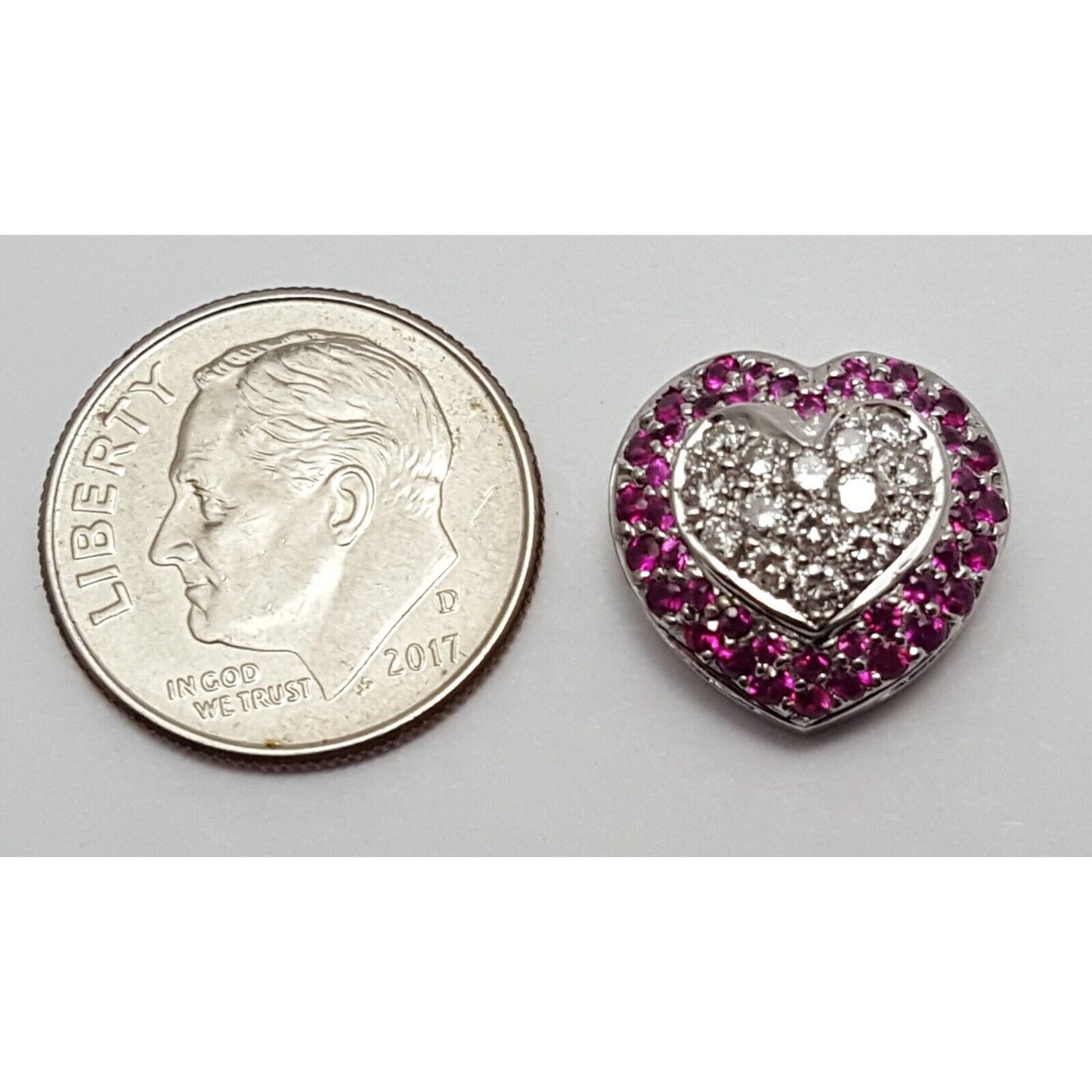 18K Solid White Gold Diamond & Ruby Puffy Heart Charm Pendant