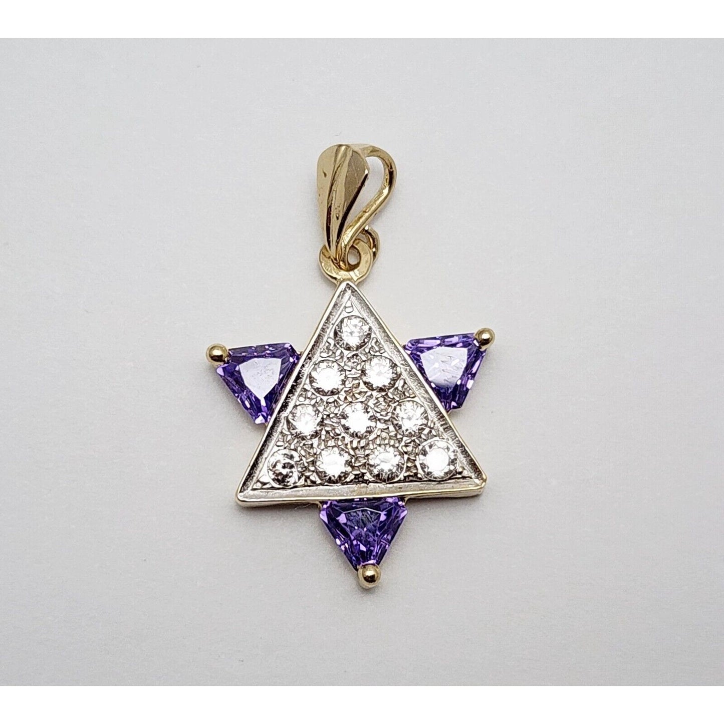 14K Two Tone Gold Star of David CZ & Amethyst Charm Pendant