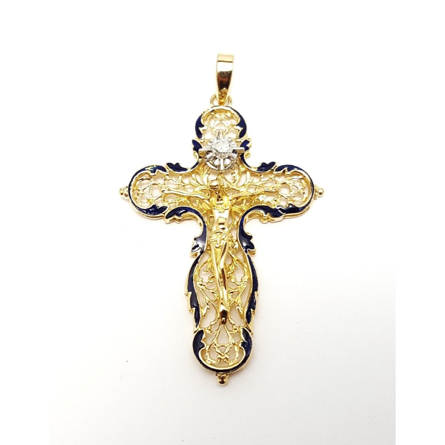 18K Solid Yellow Gold Religious Jesus Cross Diamond Enamel Charm Pendant