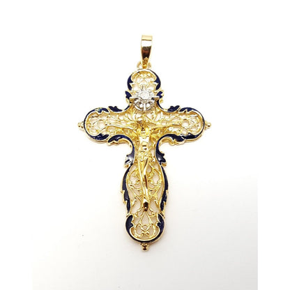 18K Solid Yellow Gold Religious Jesus Cross Diamond Enamel Charm Pendant