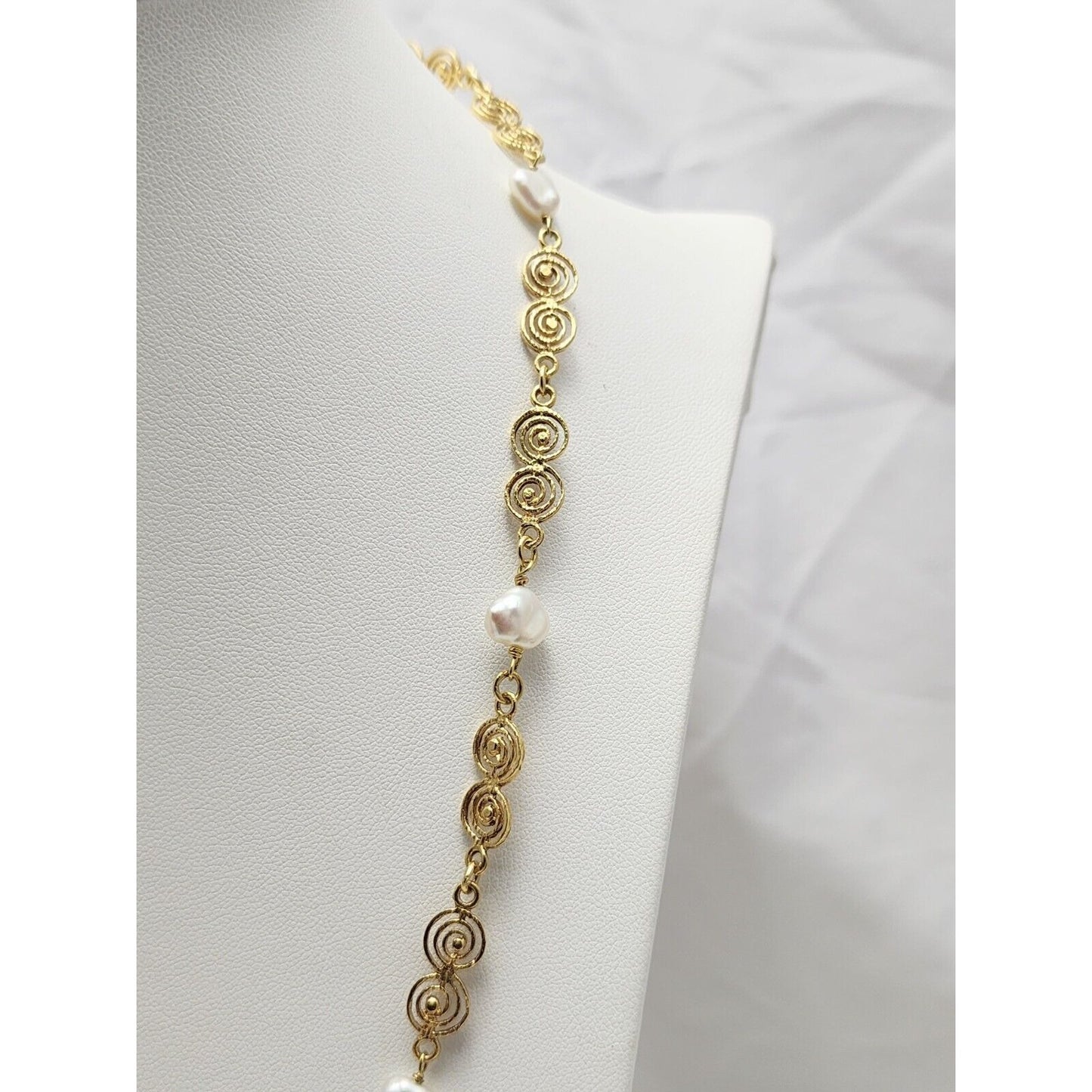 Vintage 18K Yellow Gold Filigree Pearl Link Chain Necklace