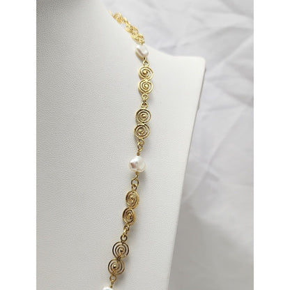 Vintage 18K Yellow Gold Filigree Pearl Link Chain Necklace