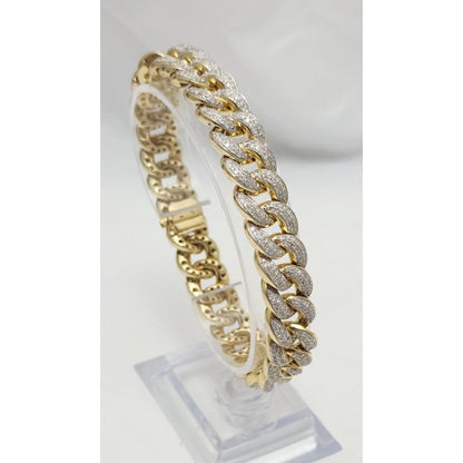 14K Solid Multi Tone Gold Diamond Cuban Link Bracelet