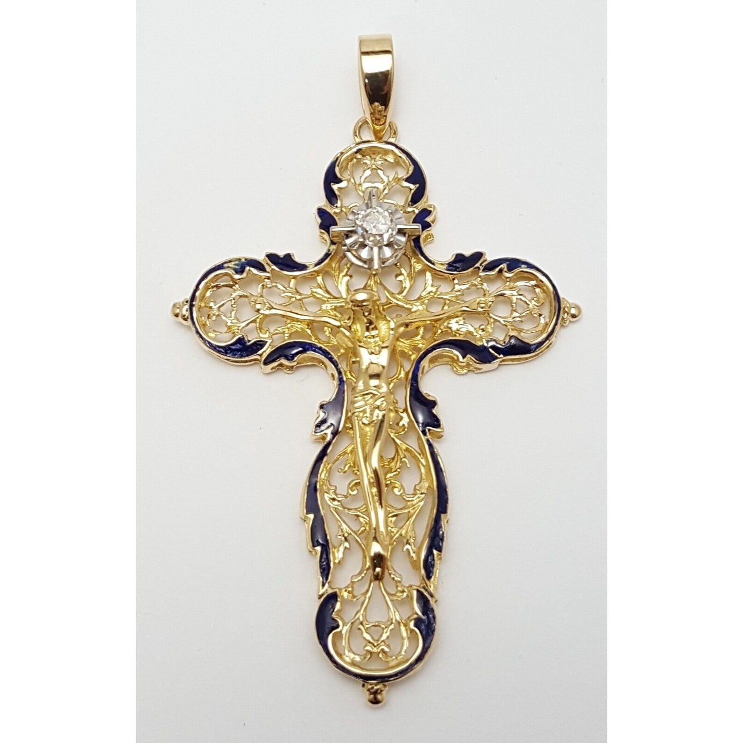 18K Solid Yellow Gold Religious Jesus Cross Diamond Enamel Charm Pendant