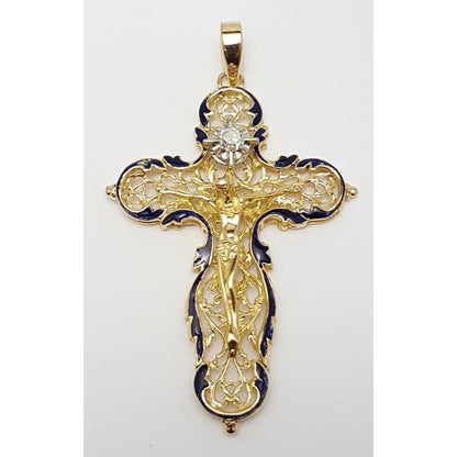 18K Solid Yellow Gold Religious Jesus Cross Diamond Enamel Charm Pendant