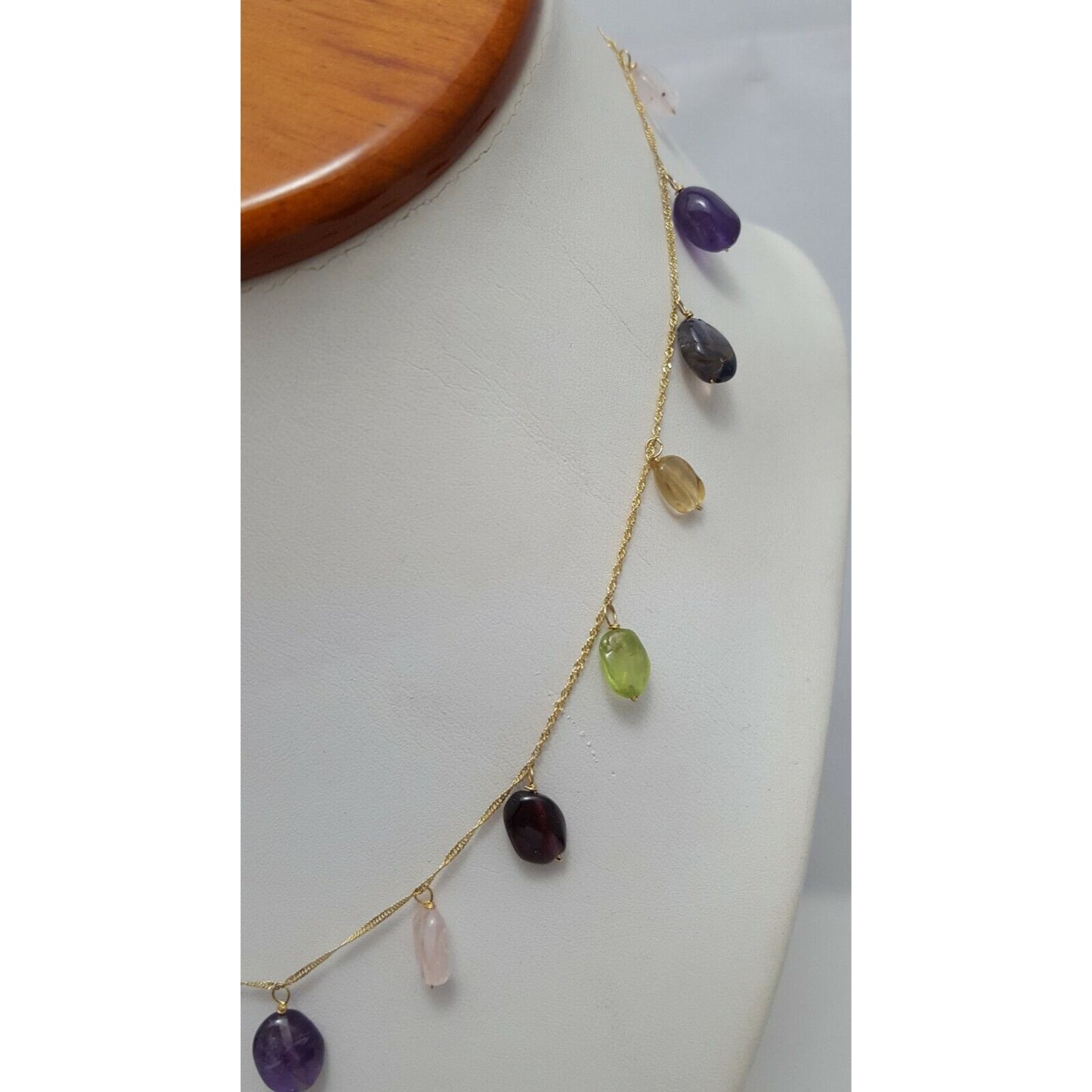 18K Yellow Gold Multi Colored Gemstones Garnet Peridot Amethyst Chain Necklace