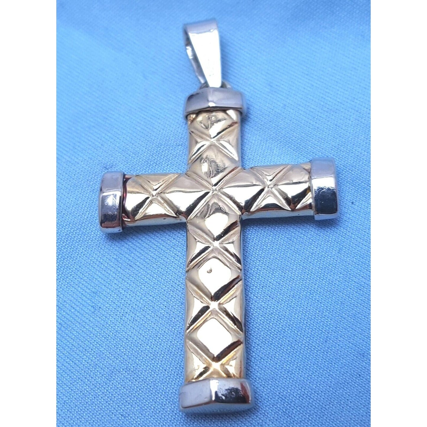 14K Solid Two Tone  Gold Puffy Cross Charm Pendant