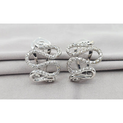 18K White Gold Serpentine Snake Wavy Diamond French Clip Earrings