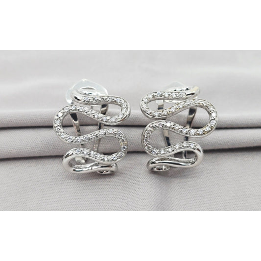 18K White Gold Serpentine Snake Wavy Diamond French Clip Earrings