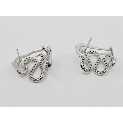 18K White Gold Serpentine Snake Wavy Diamond French Clip Earrings