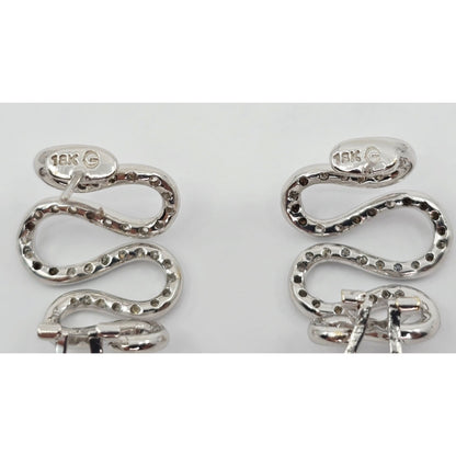 18K White Gold Serpentine Snake Wavy Diamond French Clip Earrings