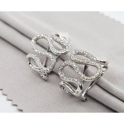 18K White Gold Serpentine Snake Wavy Diamond French Clip Earrings