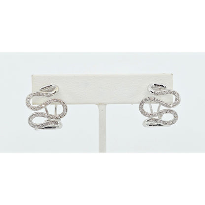 18K White Gold Serpentine Snake Wavy Diamond French Clip Earrings