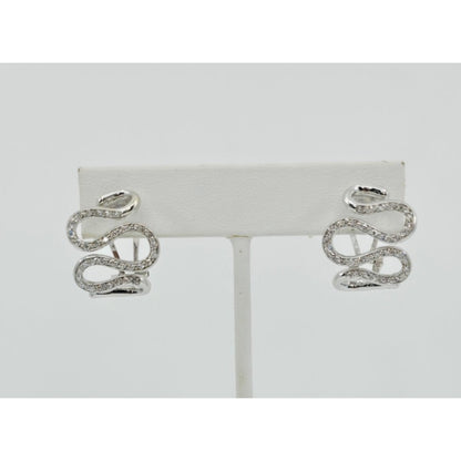 18K White Gold Serpentine Snake Wavy Diamond French Clip Earrings