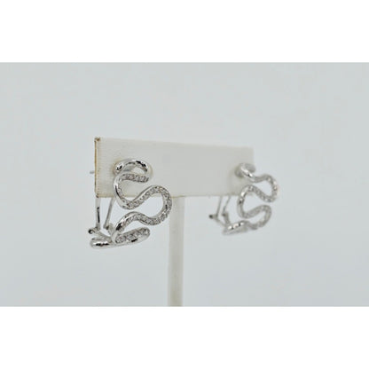 18K White Gold Serpentine Snake Wavy Diamond French Clip Earrings