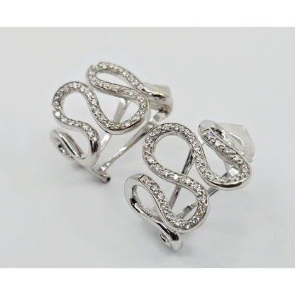 18K White Gold Serpentine Snake Wavy Diamond French Clip Earrings